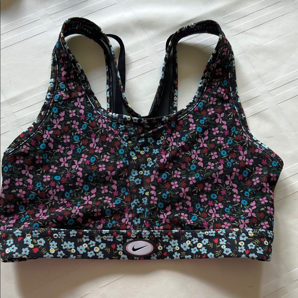 Nike Women's Floral Sports Bra - Black, Pink, and Blue